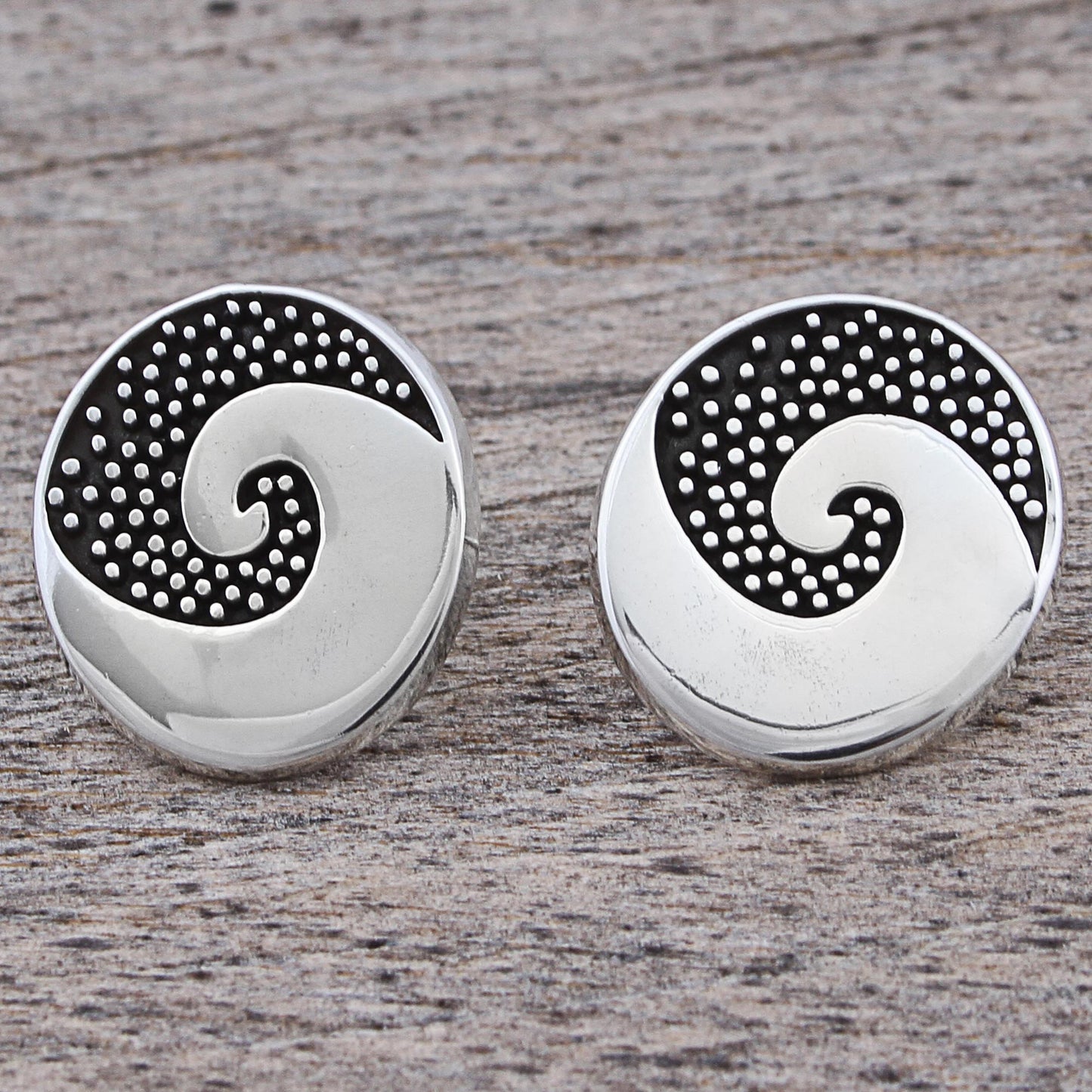 Aztec Spiral Sterling Silver Button Earrings Spiral Dot Motif Mexico