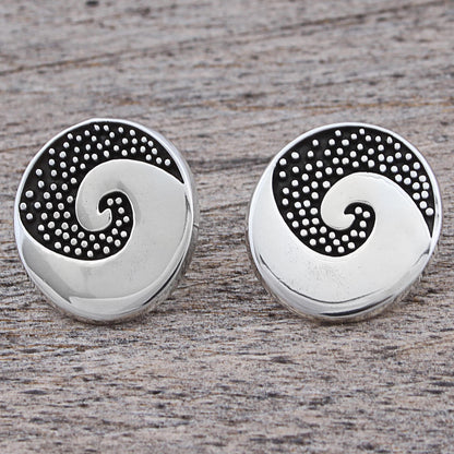 Aztec Spiral Sterling Silver Button Earrings Spiral Dot Motif Mexico