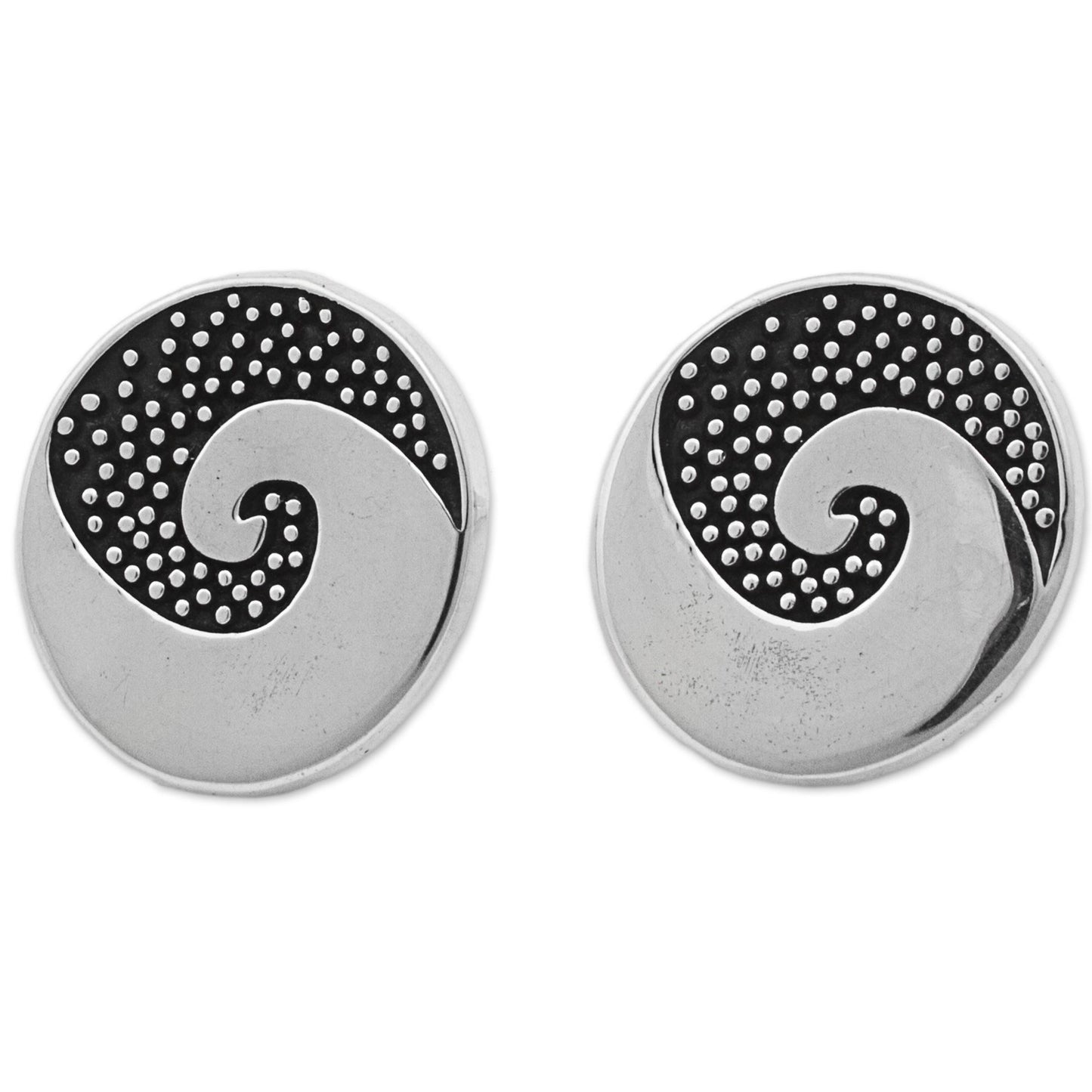 Aztec Spiral Sterling Silver Button Earrings Spiral Dot Motif Mexico