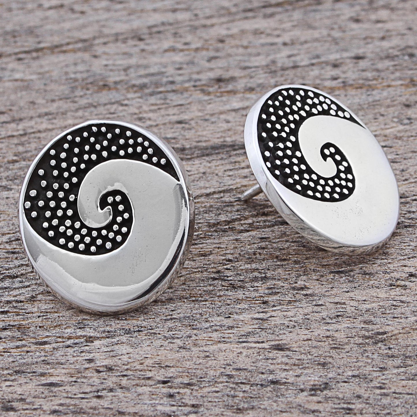 Aztec Spiral Sterling Silver Button Earrings Spiral Dot Motif Mexico