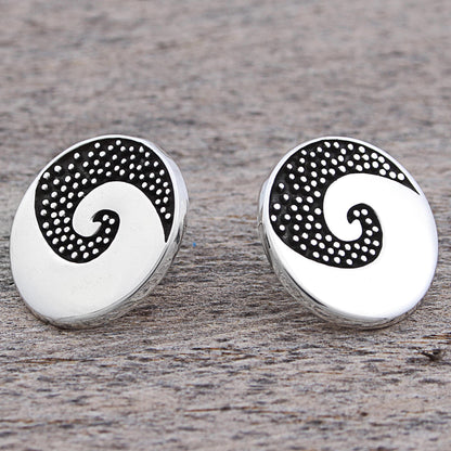 Aztec Spiral Sterling Silver Button Earrings Spiral Dot Motif Mexico