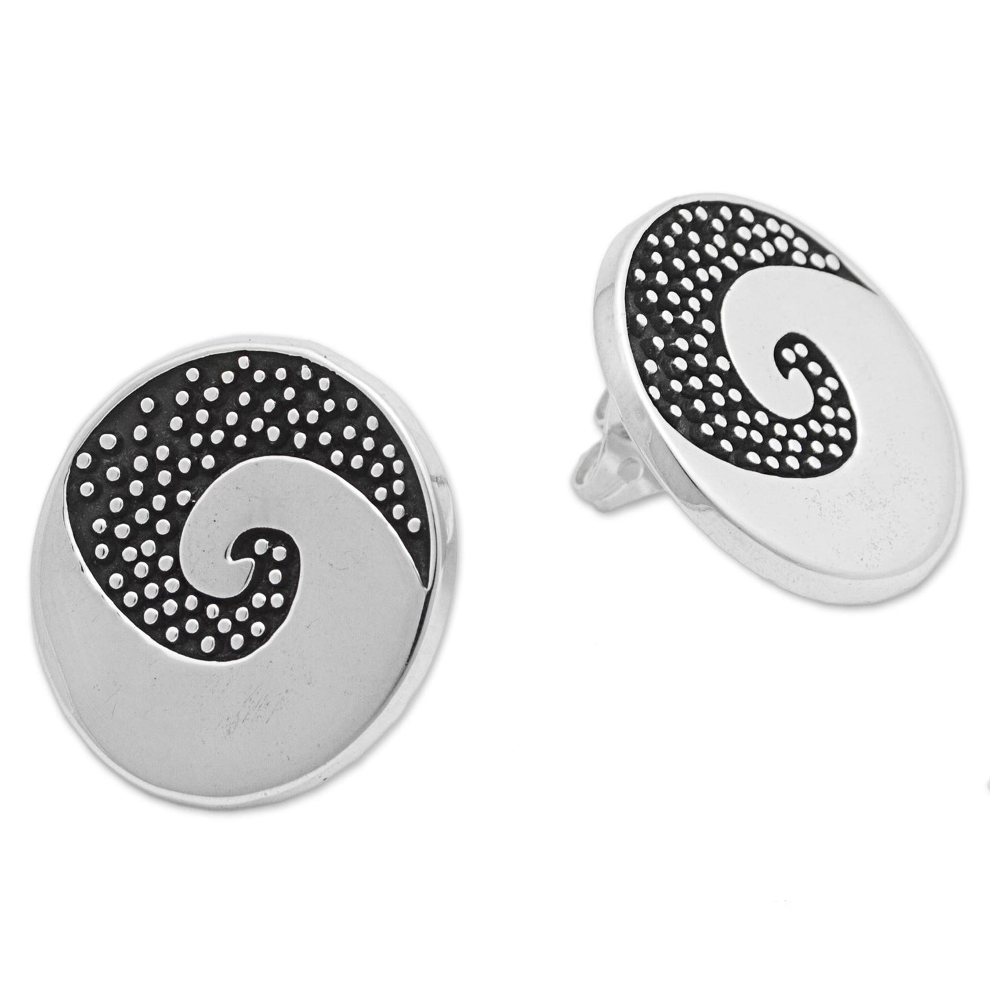 Aztec Spiral Sterling Silver Button Earrings Spiral Dot Motif Mexico