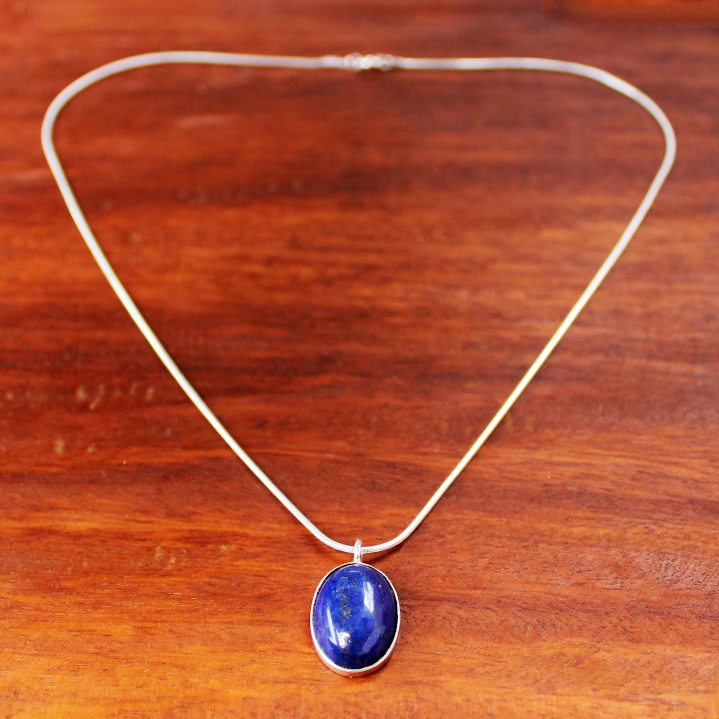 Spangled Oval Sterling Silver and Lapis Lazuli Pendant Necklace Thailand