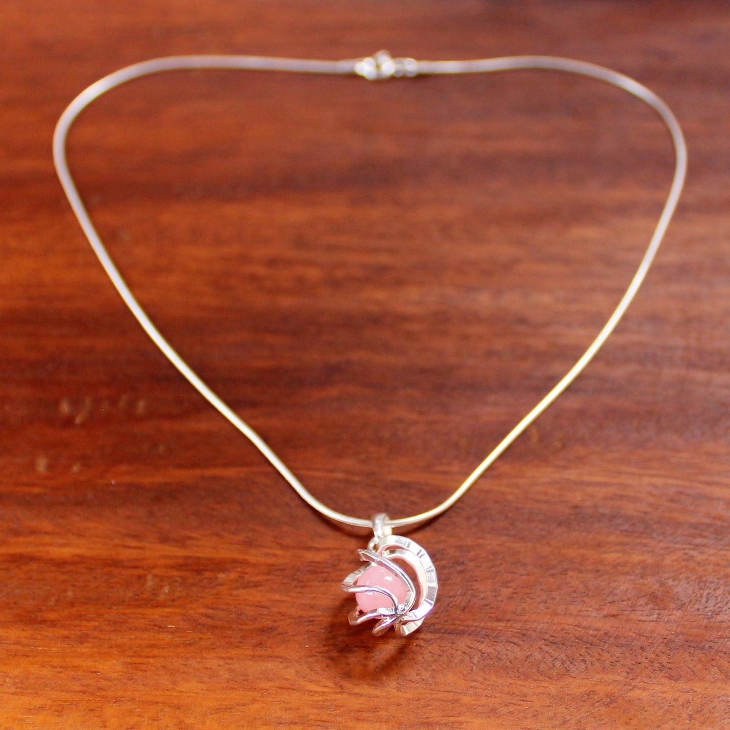 Pink Orb of Energy Quartz Silver Necklace