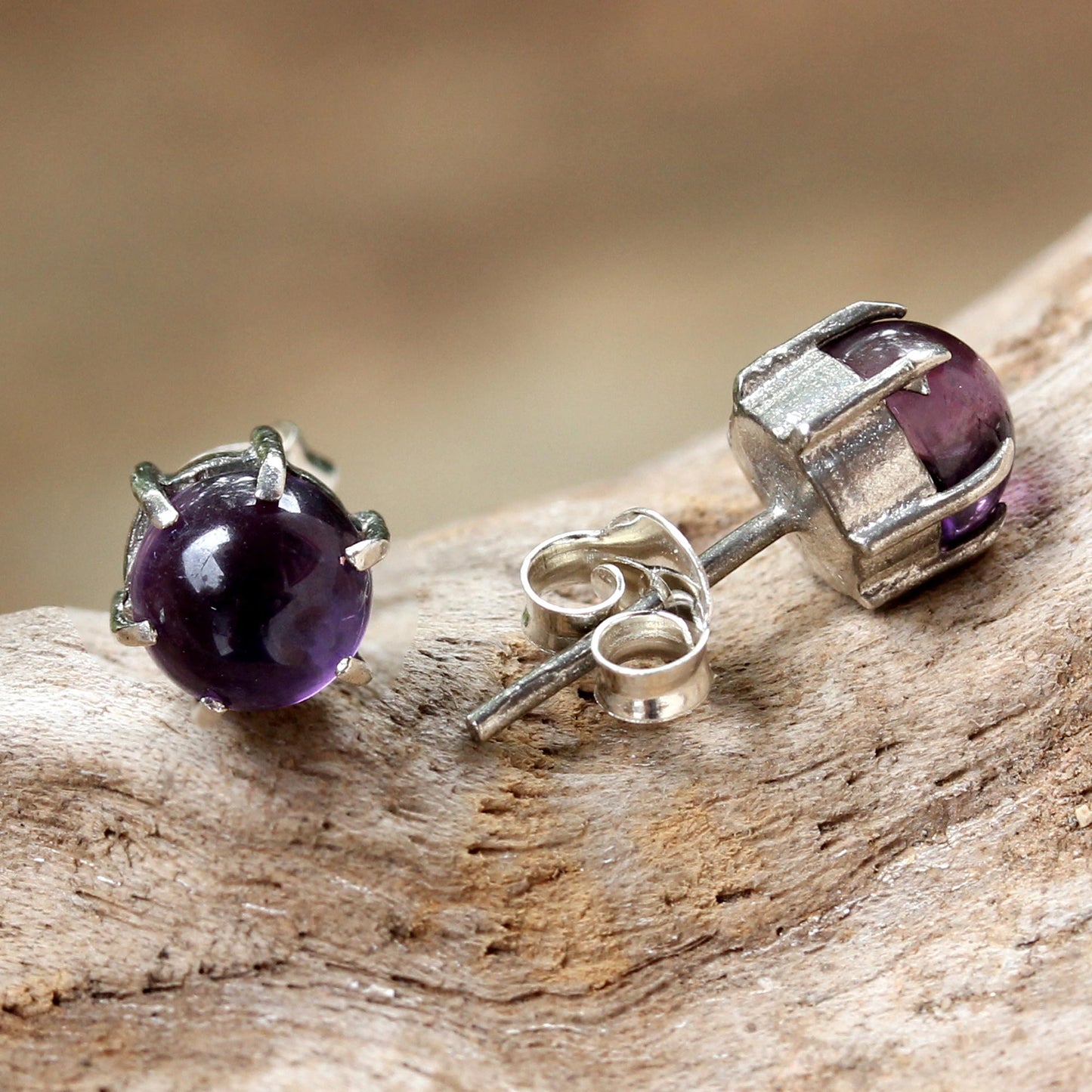 To the Point Sterling Silver and Amethyst Stud Earrings from Thailand