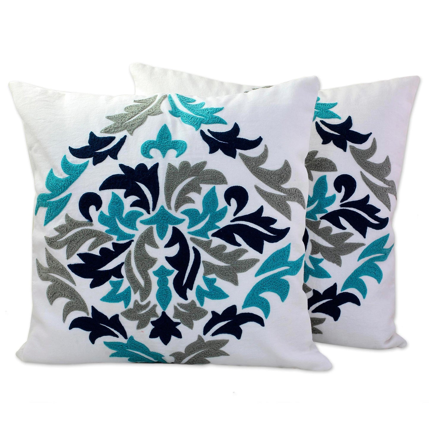 Fresh Leaves Embroidered Cotton Cushion Covers Made in India (Pair)