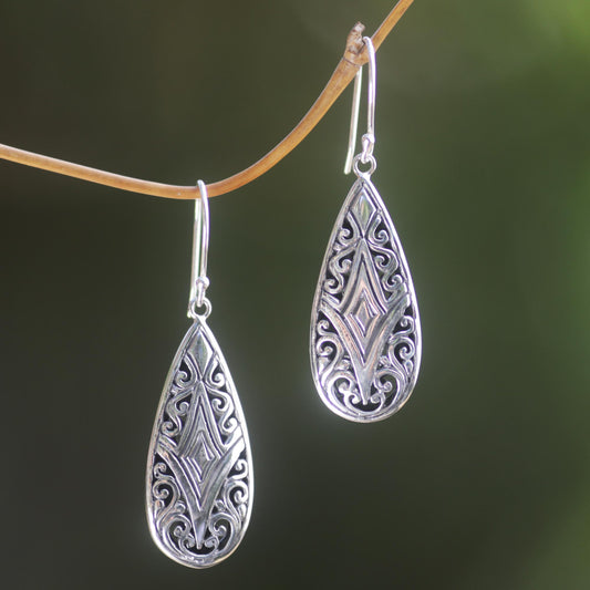 Tamiang Drop Brilliant Sterling Silver Earrings WIth Balinese Motifs