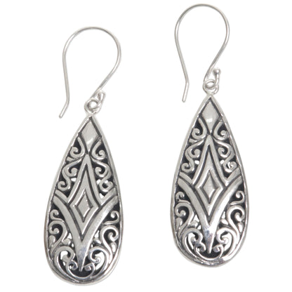 Tamiang Drop Brilliant Sterling Silver Earrings WIth Balinese Motifs