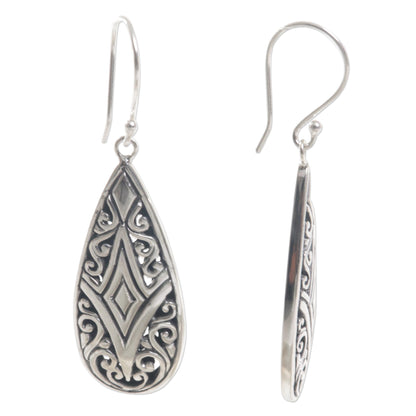 Tamiang Drop Brilliant Sterling Silver Earrings WIth Balinese Motifs