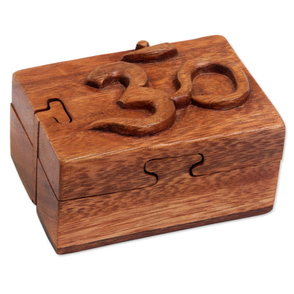 Om Protector Hand Carved Wood Puzzle Box Om Symbol from Indonesia