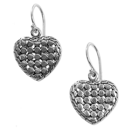 Heart of Steel Sterling Silver Heart Dangle Earrings Handmade in Indonesia