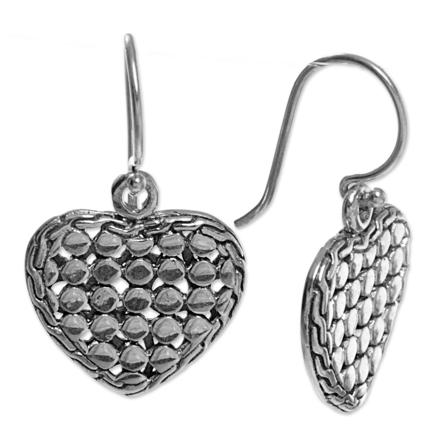 Heart of Steel Sterling Silver Heart Dangle Earrings Handmade in Indonesia