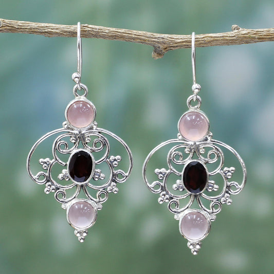 Glistening Jaipur Sterling Silver Garnet Chalcedony Dangle Earrings from India