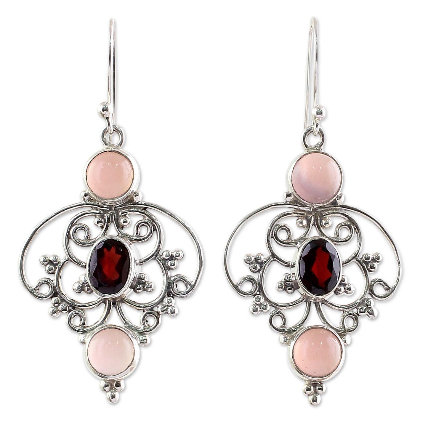 Glistening Jaipur Sterling Silver Garnet Chalcedony Dangle Earrings from India