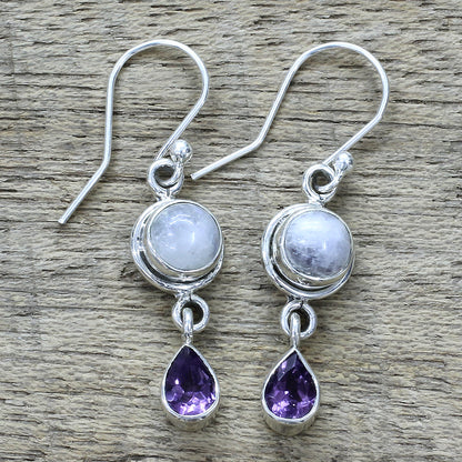 Purple Droplets Amethyst Rainbow Moonstone Dangle Earrings from India