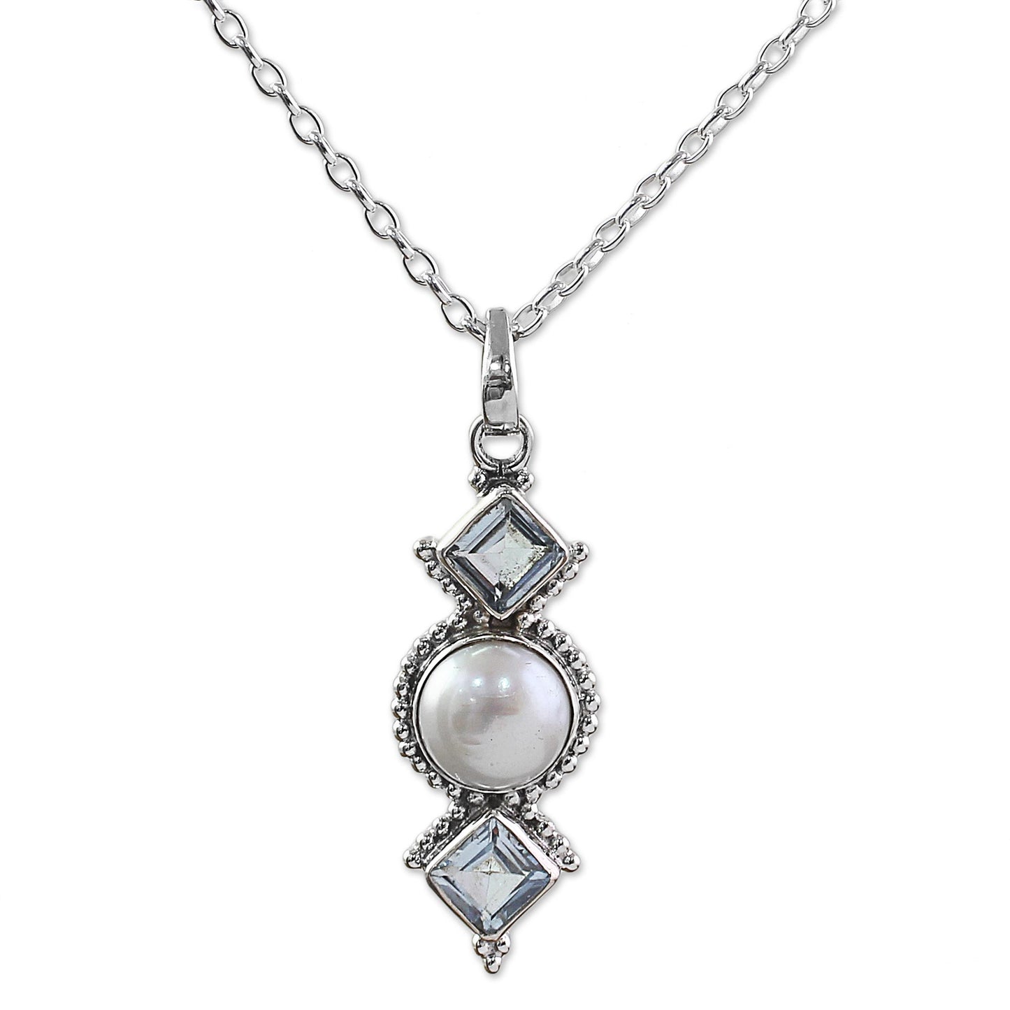 Blue Rays Cultured Pearl Blue Topaz Pendant Necklace from India