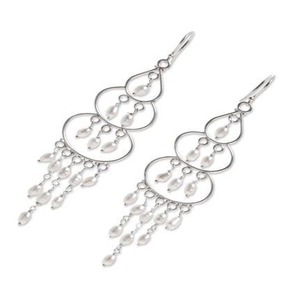 Moonlit Orbs Silver Pearl Chandelier Earrings