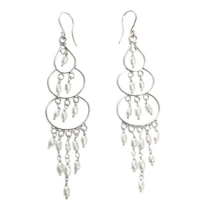 Moonlit Orbs Silver Pearl Chandelier Earrings