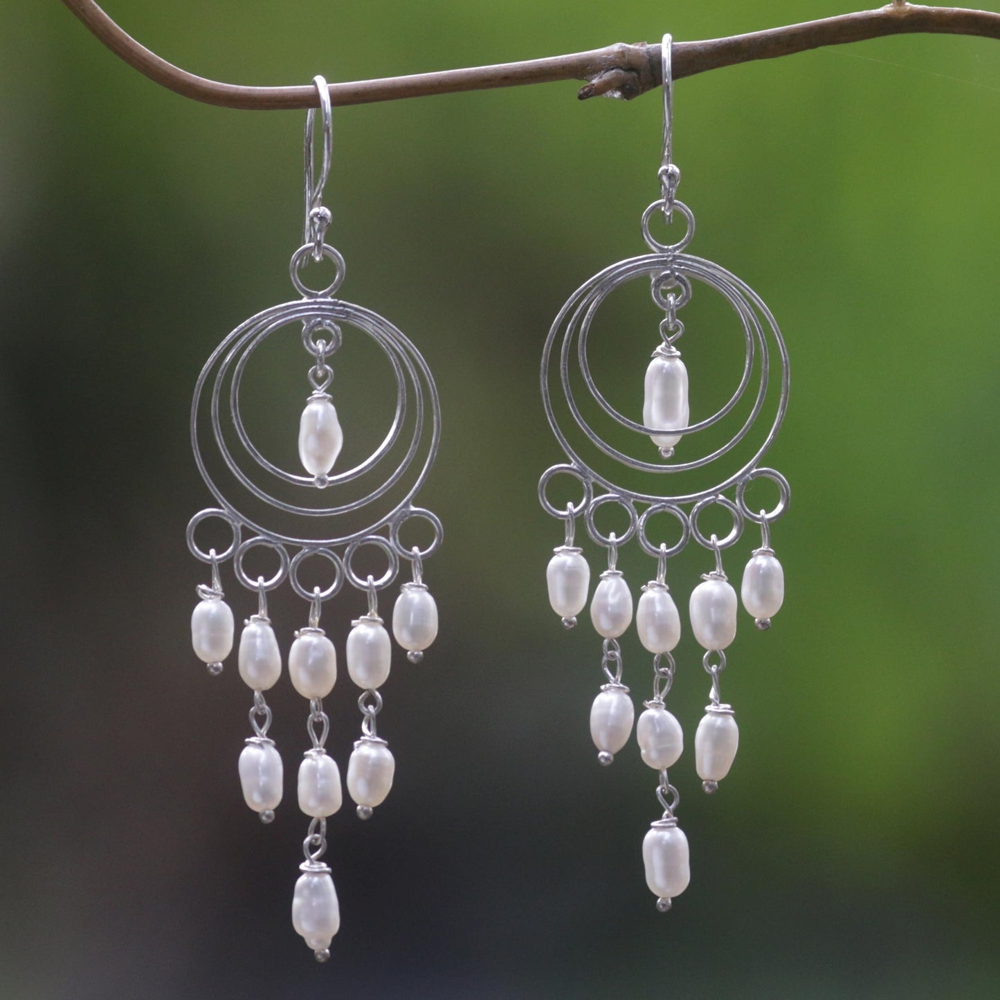 Moonlit Circles Sterling Silver and Cultured Pearl Chandelier Earrings