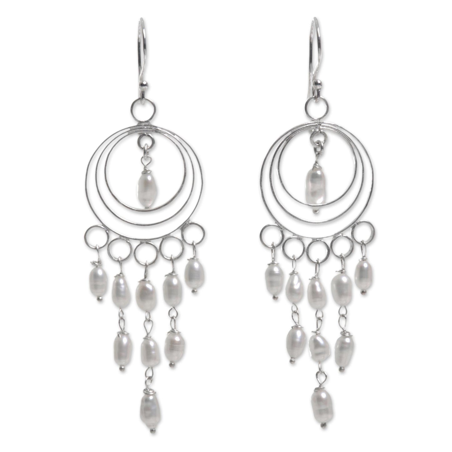 Moonlit Circles Sterling Silver and Cultured Pearl Chandelier Earrings