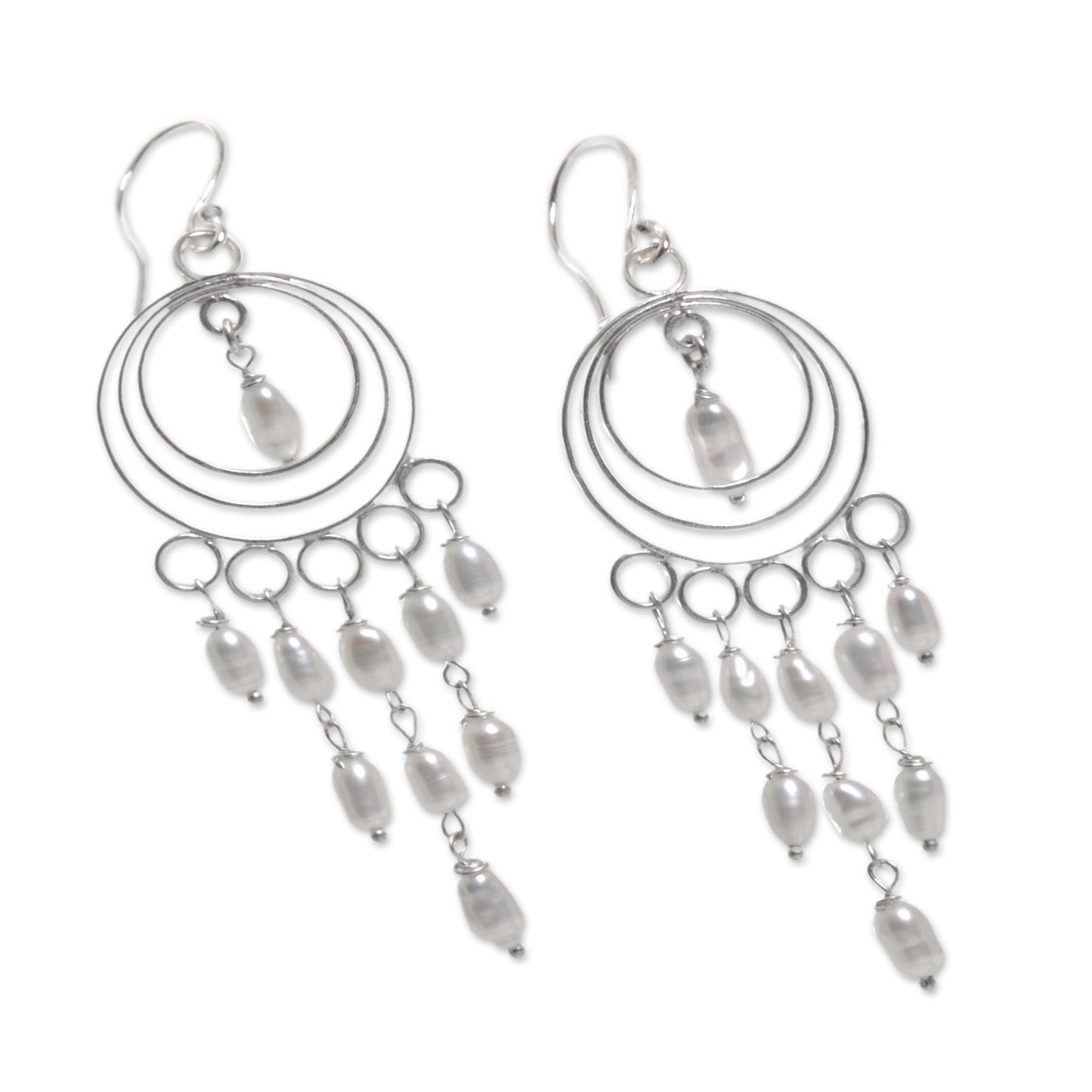 Moonlit Circles Sterling Silver and Cultured Pearl Chandelier Earrings