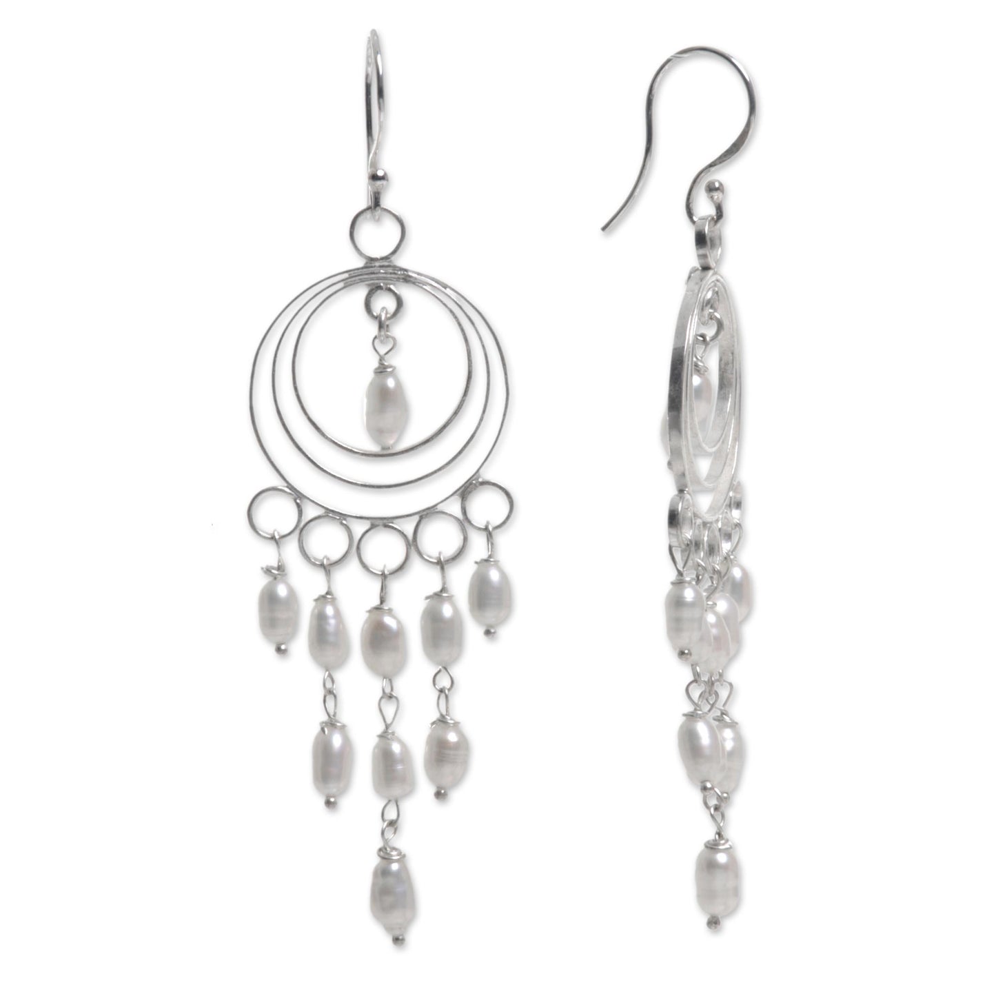 Moonlit Circles Sterling Silver and Cultured Pearl Chandelier Earrings