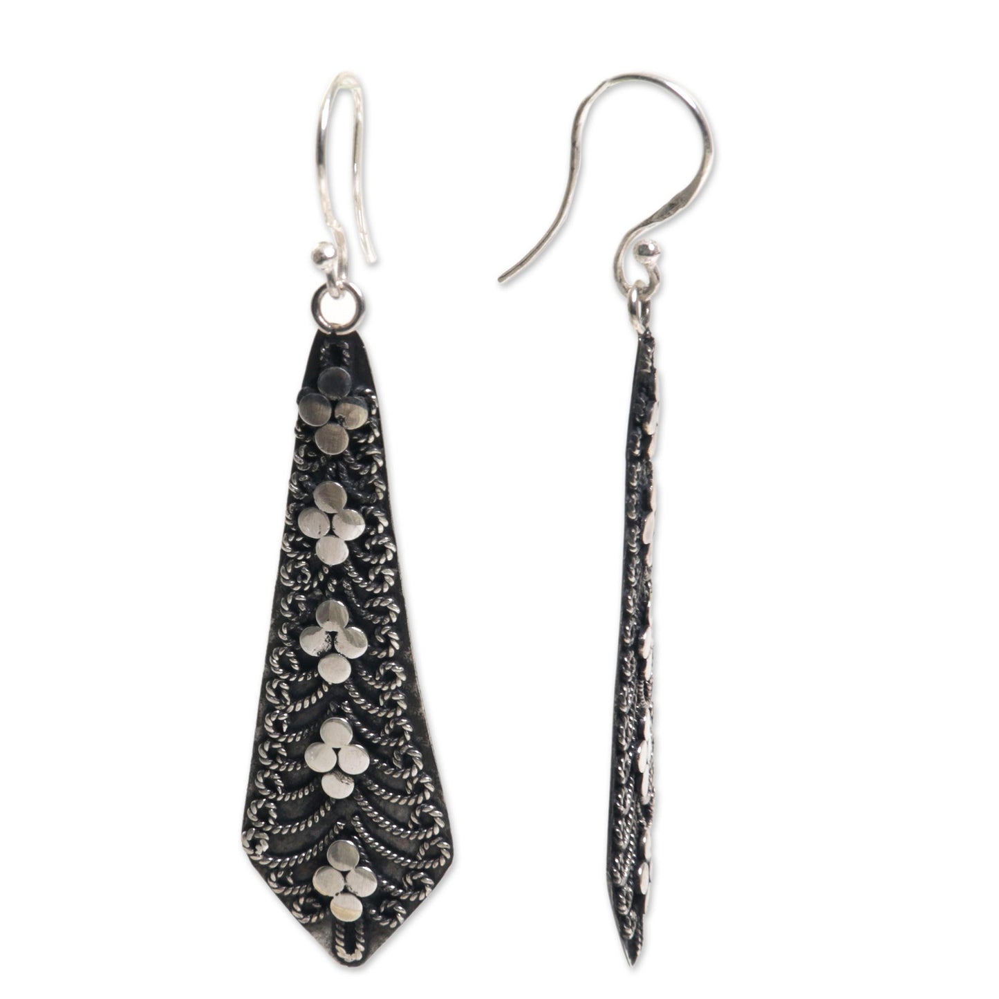 Flower Sword Dangling Silver Earrings Adorned With Balinese Motifs