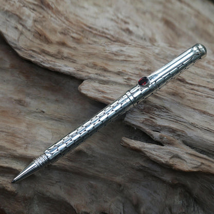 Garnet Gleam Handmade Indonesian Sterling Silver and Garnet Ballpoint Pen