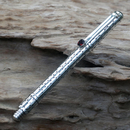 Garnet Gleam Handmade Indonesian Sterling Silver and Garnet Ballpoint Pen