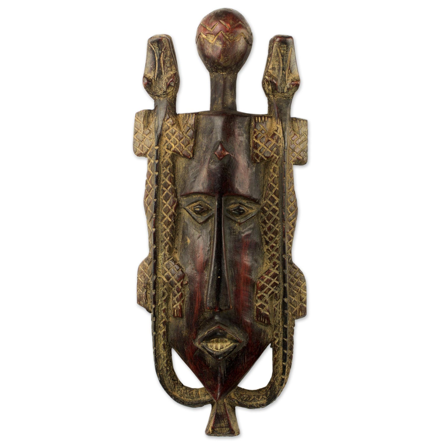 Twin Lizards Artisan Crafted Ghanaian Wood Wall Mask with Lizard Motif