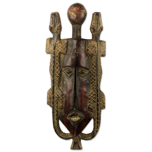 Twin Lizards Artisan Crafted Ghanaian Wood Wall Mask with Lizard Motif