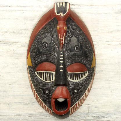 The Town Crier Aluminum and Sese Wood African Carved Mask of a Town Crier