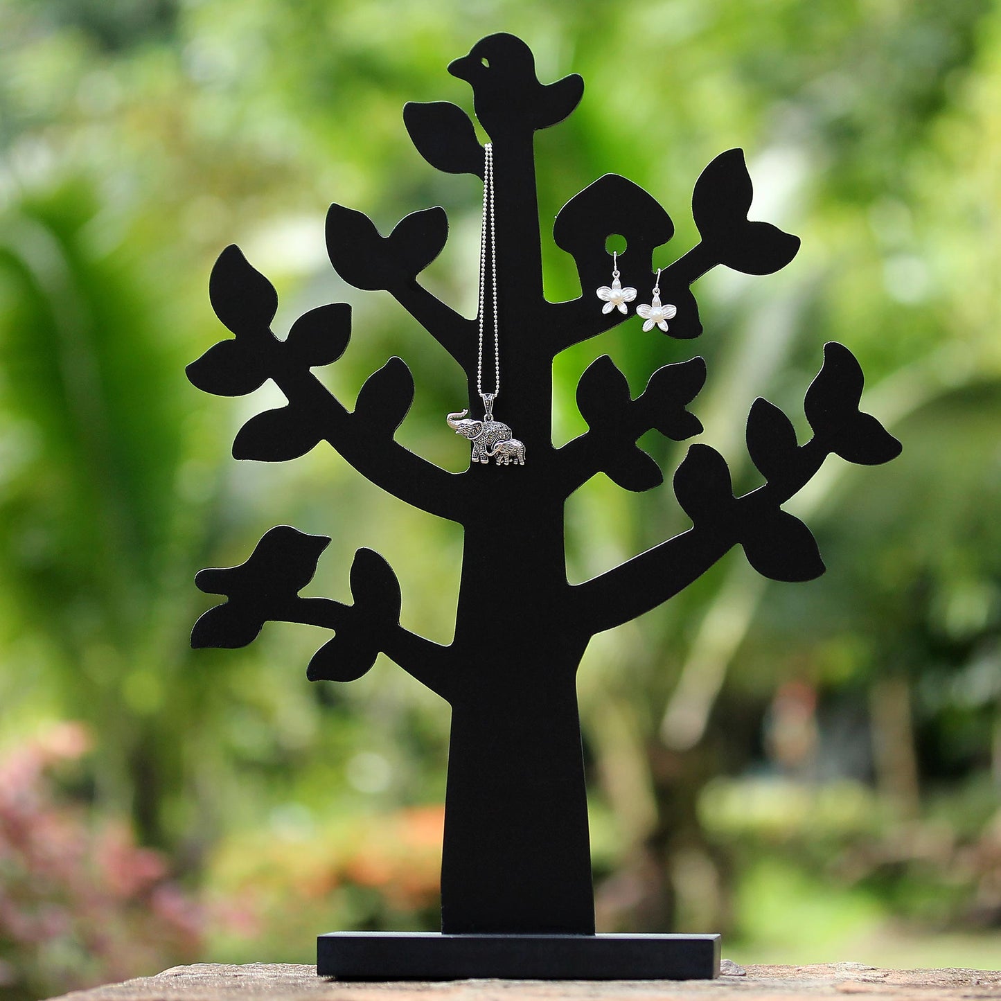 Bird Habitat in Black Wood Jewelry Tree with Bird in Black from Thailand