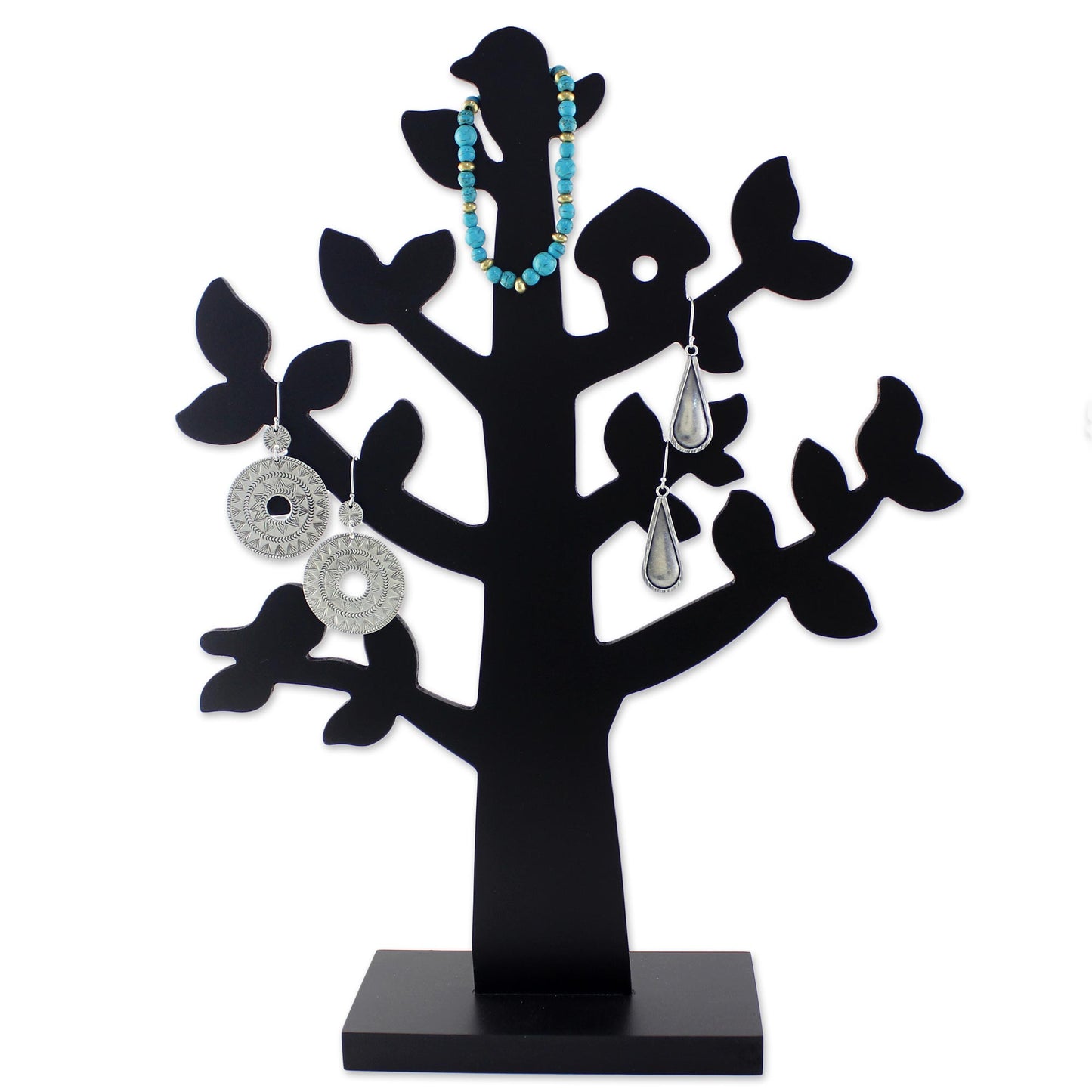 Bird Habitat in Black Wood Jewelry Tree with Bird in Black from Thailand