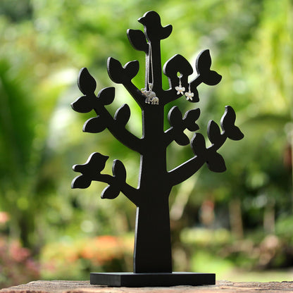 Bird Habitat in Black Wood Jewelry Tree with Bird in Black from Thailand