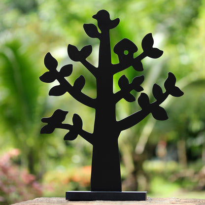 Bird Habitat in Black Wood Jewelry Tree with Bird in Black from Thailand