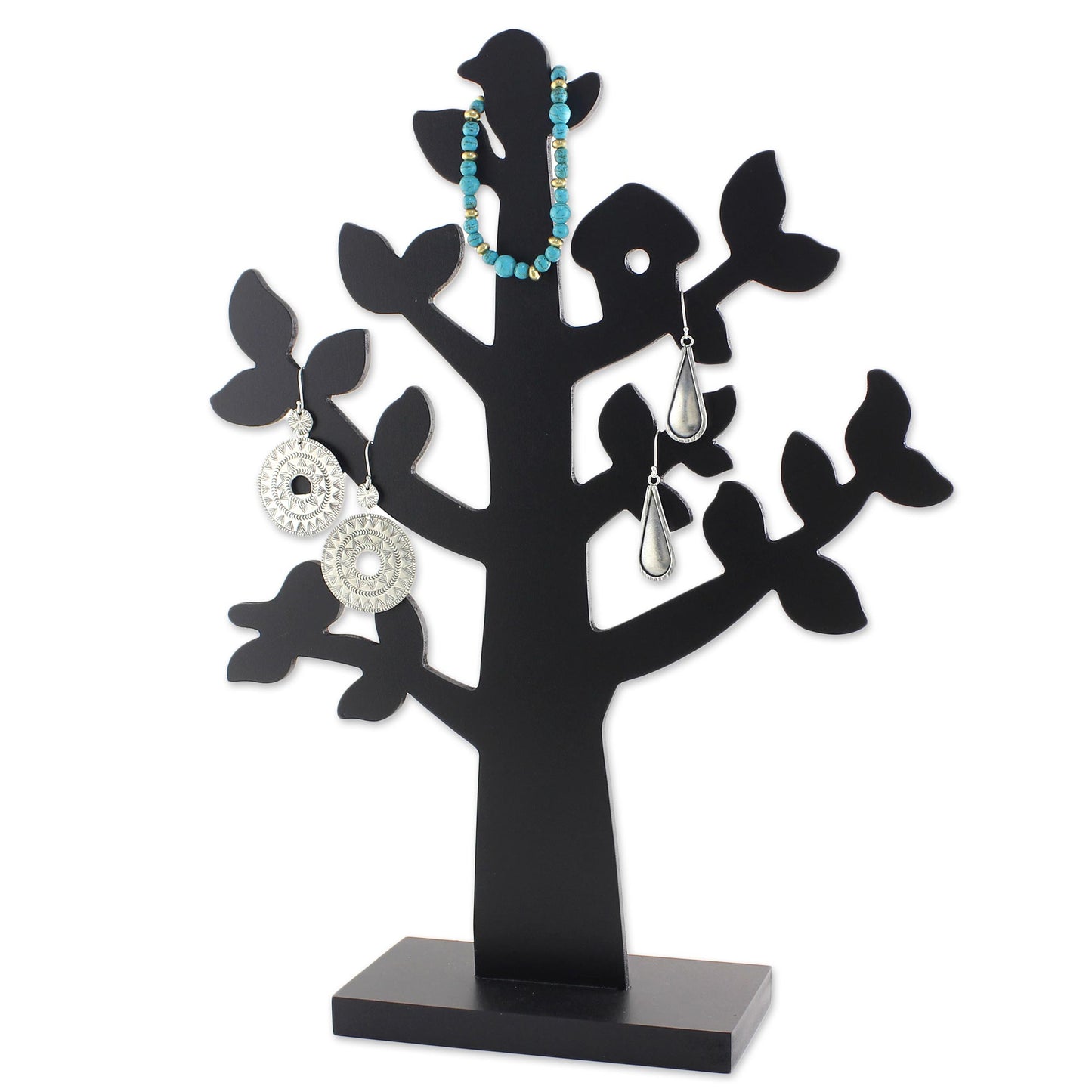 Bird Habitat in Black Wood Jewelry Tree with Bird in Black from Thailand