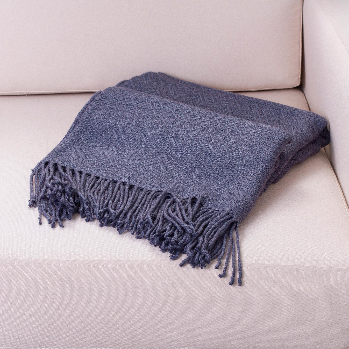 Puno Traditions in Blue Alpaca and AcrylicThrow Blanket with Fringe in Denim Blue