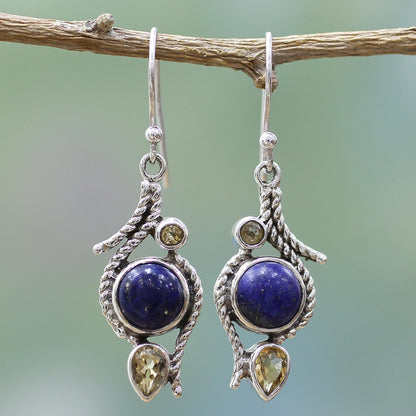 Starry Bliss Lapis Lazuli Citrine Sterling Silver Dangle Earrings India