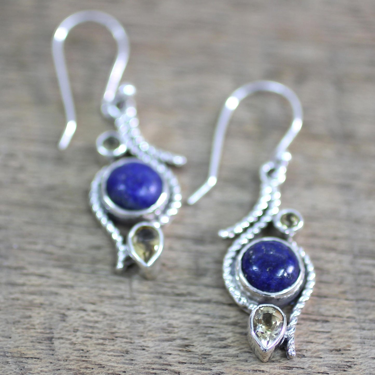 Starry Bliss Lapis Lazuli Citrine Sterling Silver Dangle Earrings India