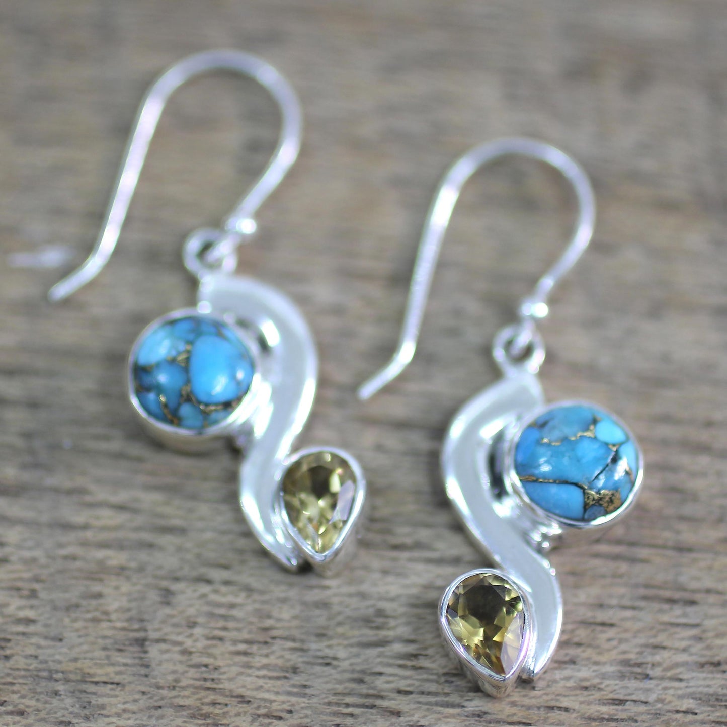 Sparkling Planet Citrine Composite Turquoise Dangle Earrings from India