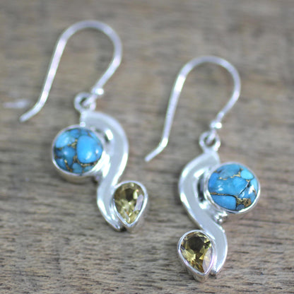 Sparkling Planet Citrine Composite Turquoise Dangle Earrings from India