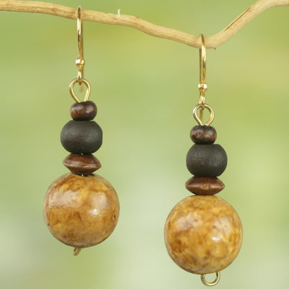 African Fence Sese Wood Bead Dangle Earrings on Brass Hooks from Ghana