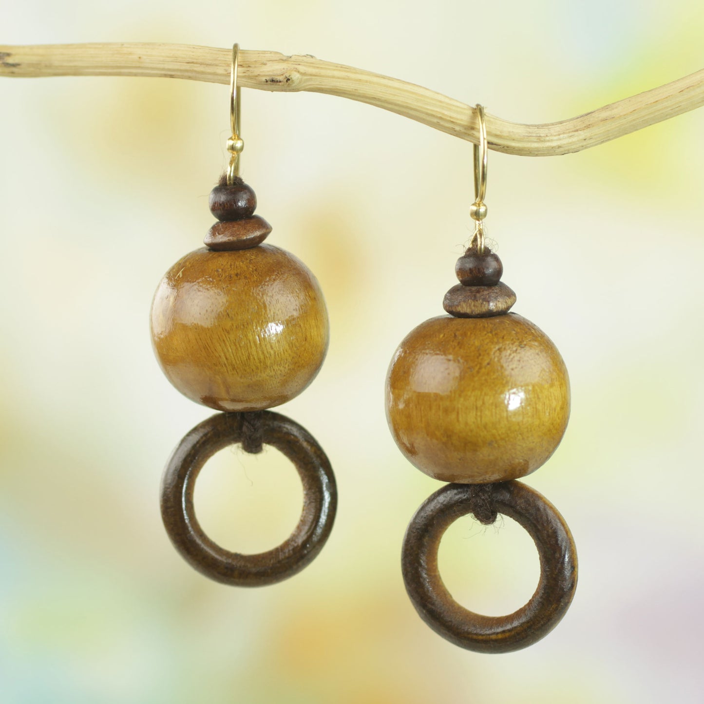 My Pleasure Sese Wood Bead Dangle Earrings on Brass Hooks from Ghana