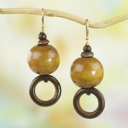 My Pleasure Sese Wood Bead Dangle Earrings on Brass Hooks from Ghana