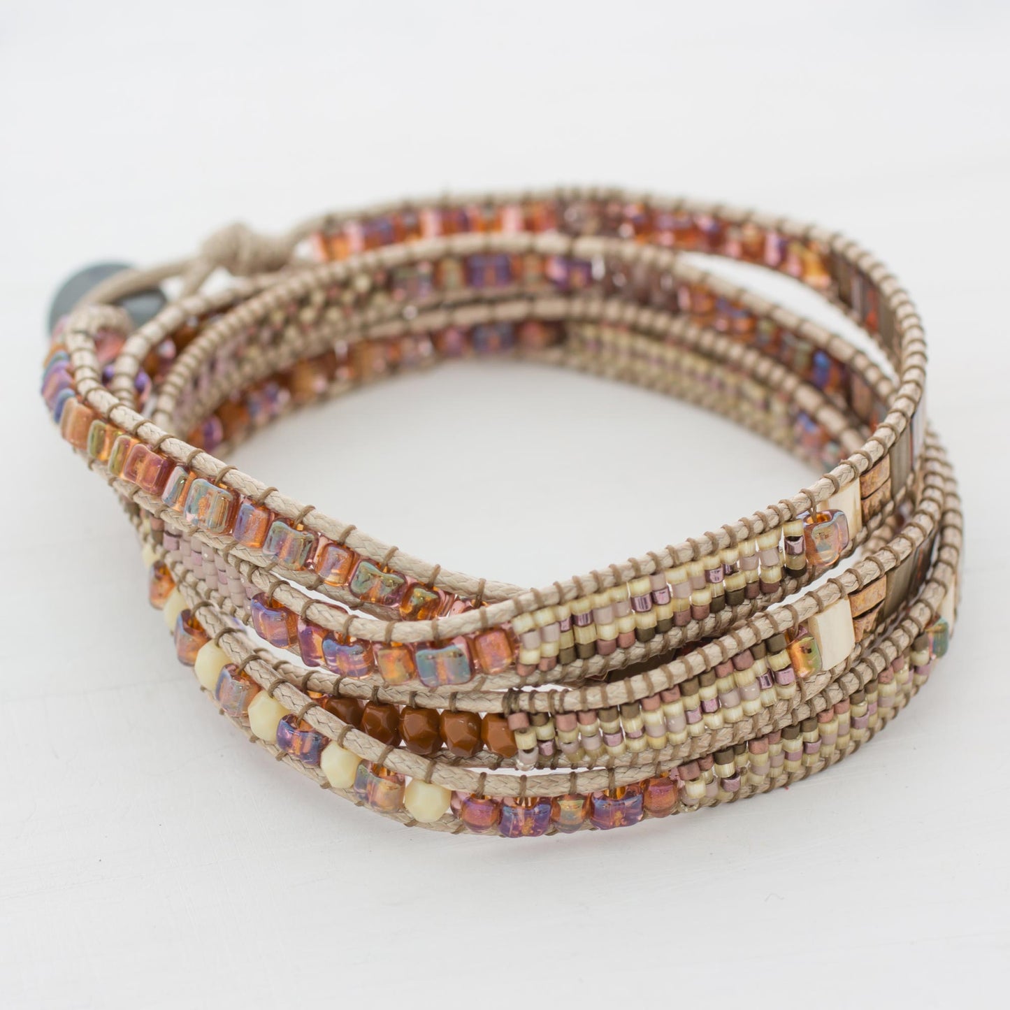 Autumn Sweetness Glass Beaded Wrap Bracelet in Beige from Guatemala