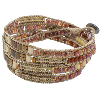 Autumn Sweetness Glass Beaded Wrap Bracelet in Beige from Guatemala