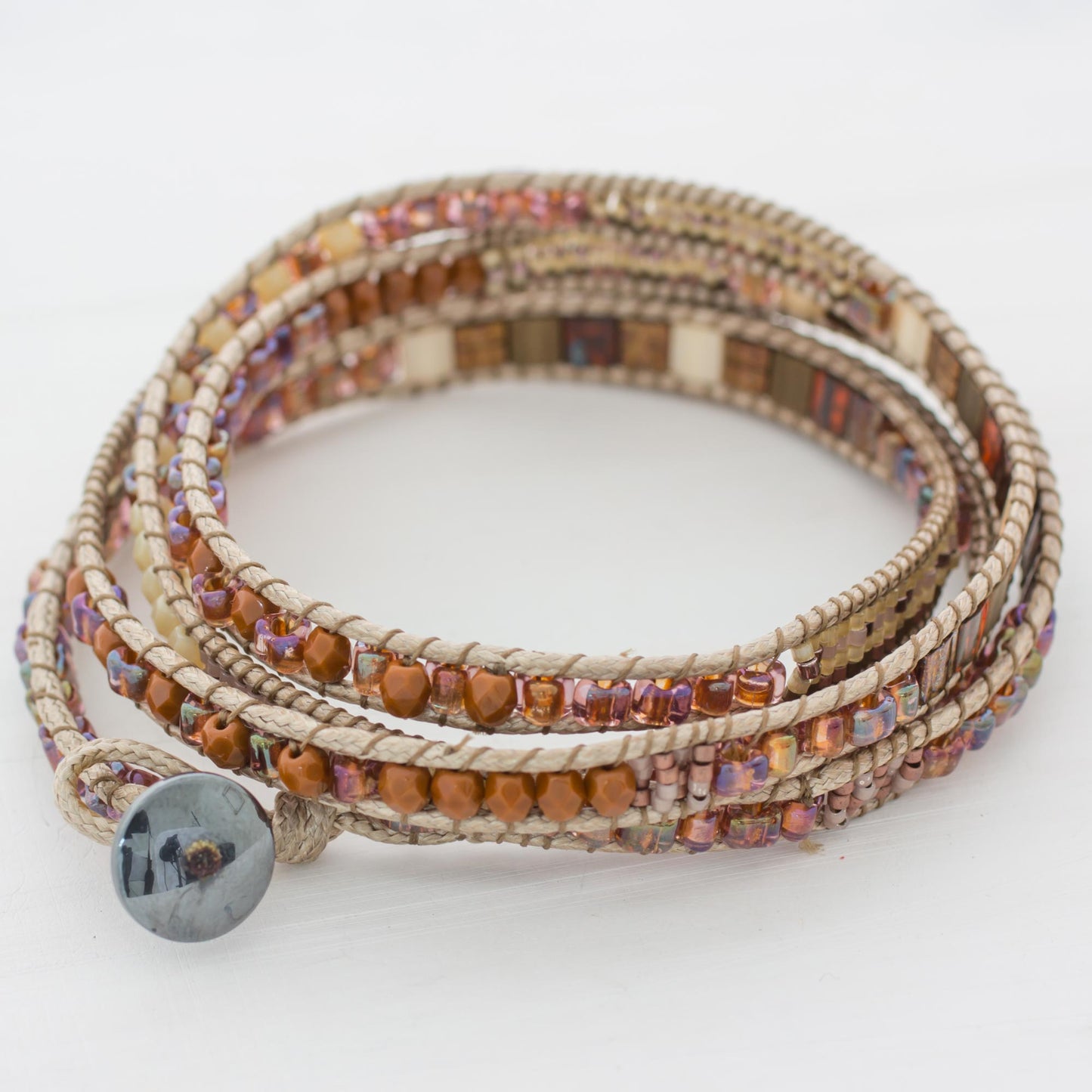 Autumn Sweetness Glass Beaded Wrap Bracelet in Beige from Guatemala