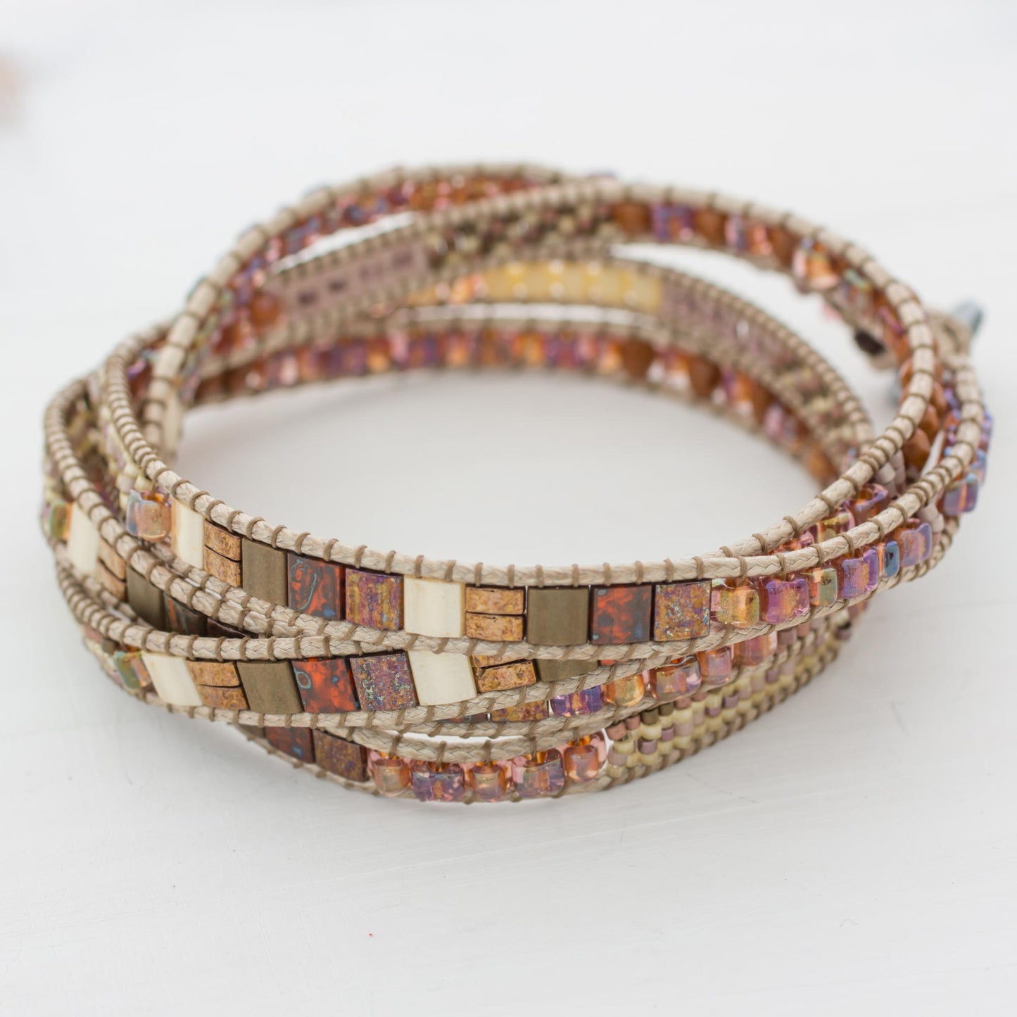 Autumn Sweetness Glass Beaded Wrap Bracelet in Beige from Guatemala