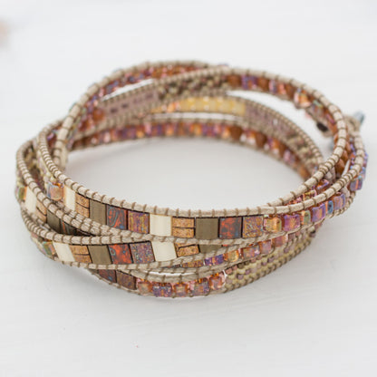 Autumn Sweetness Glass Beaded Wrap Bracelet in Beige from Guatemala